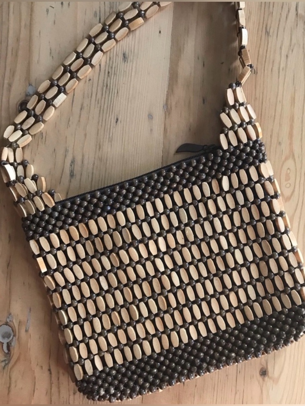 Wooden bead purse brown and natural 9.5”x8”x.75”